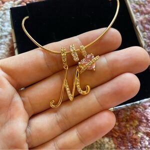 Gania Gold and Pink Crystal M Initial Necklace